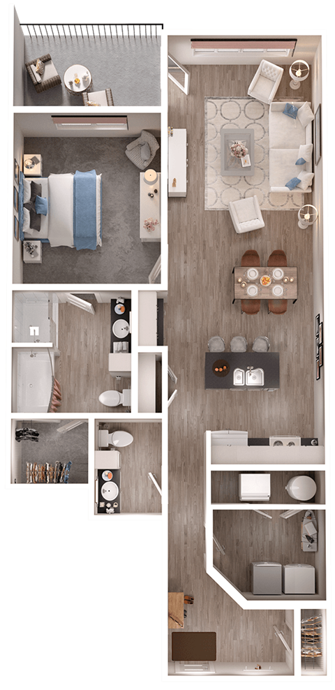 Floor plan for 1 bed, 1.5 baths, 997 sqft